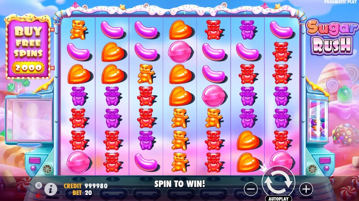 Sugar Rush слот — игровое поле 7×7 с кластерами конфет